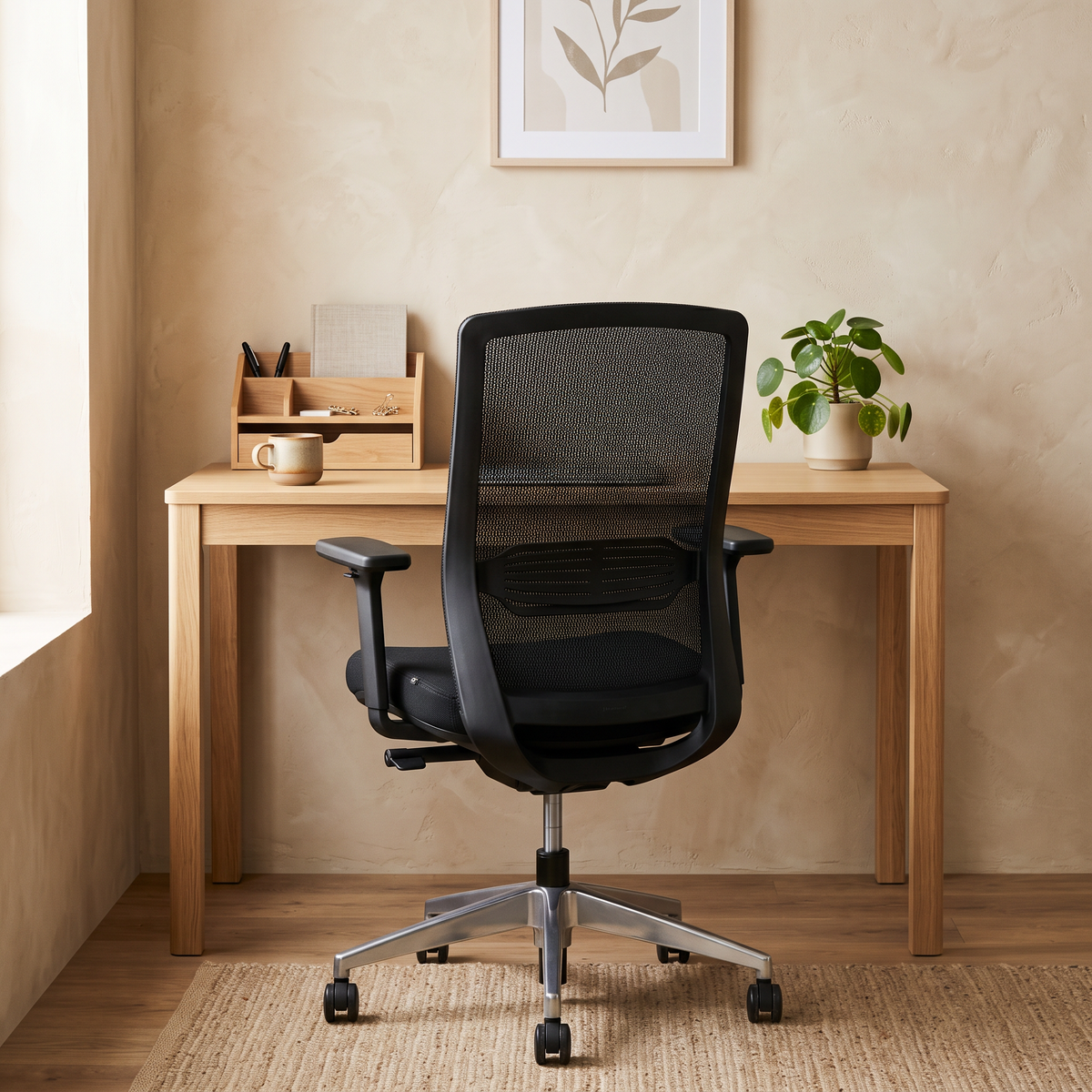 Zwarte ergonomische bureaustoel aan een eikenhouten bureau