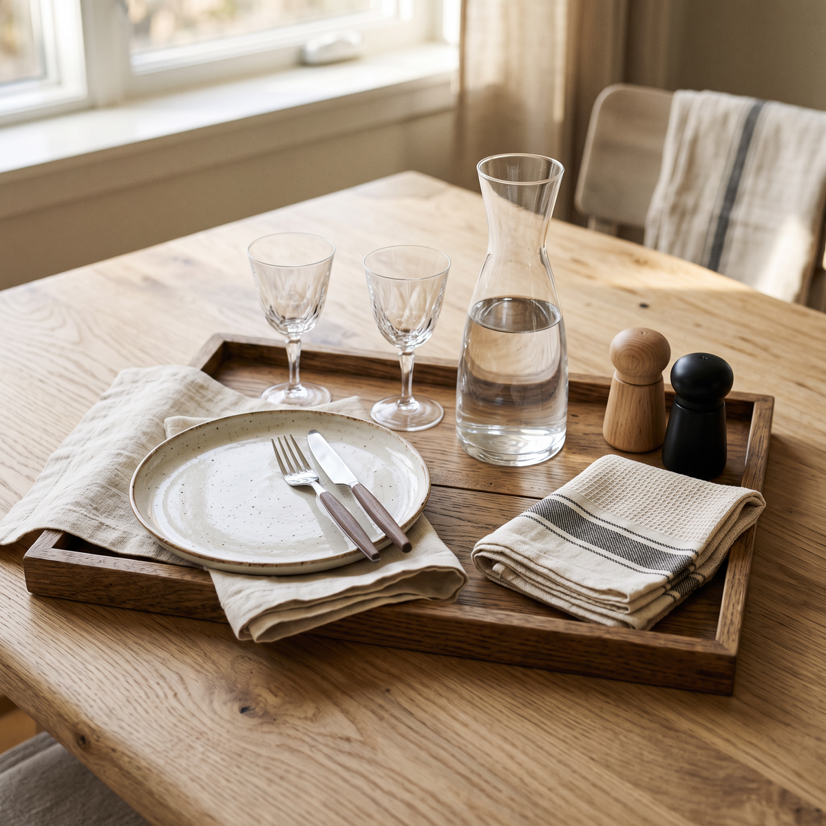 Gedekte tafel met placemat, karaf, glazen en een theedoek