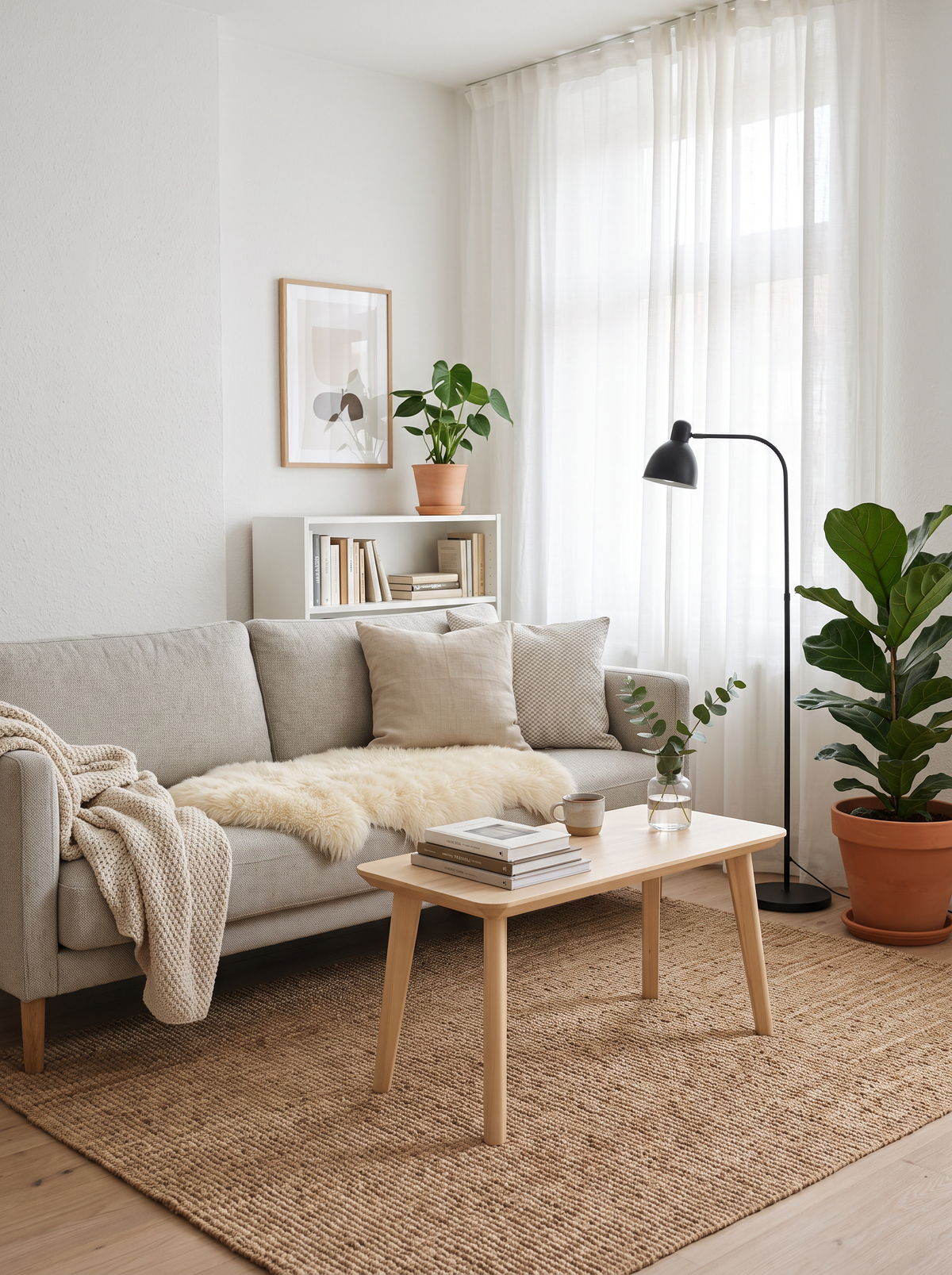 Lichte Scandinavische woonhoek met grijze bank en schapenvacht