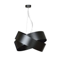 Zwarte hanglamp Vieno met kruisende metalen banden aan dunne transparante ophanging en ronde zwarte plafondplaat