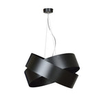 Zwarte hanglamp Vieno met kruisende metalen banden aan dunne transparante ophanging en ronde zwarte plafondplaat