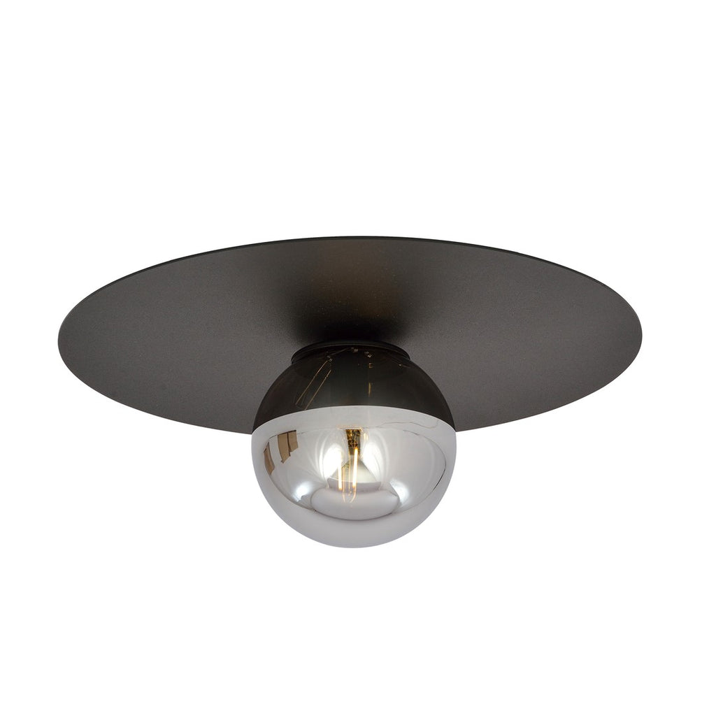 Zwarte ronde plafondlamp met grafietkleurige glazen bol en zichtbare ledlamp eronder