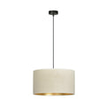 Hanglamp met ronde witte stoffen kap, gouden binnenzijde en zwart snoer met zwart plafondplaatje