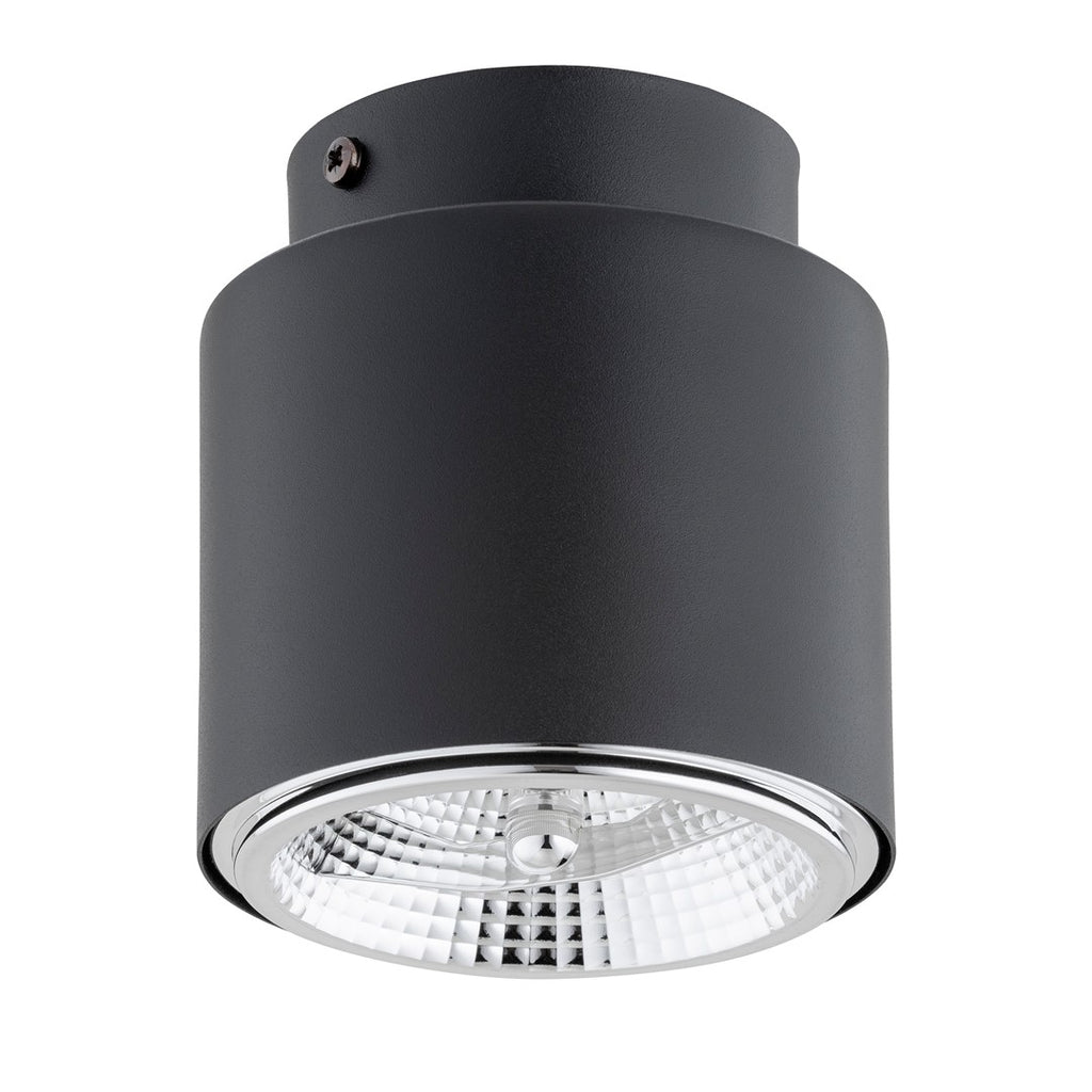 Zwarte cilindrische plafondlamp van staal met zilverkleurige reflector en zichtbaar ruitpatroon onderin