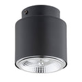 Zwarte cilindrische plafondlamp van staal met zilverkleurige reflector en zichtbaar ruitpatroon onderin