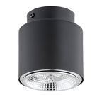 Zwarte cilindrische plafondlamp van staal met zilverkleurige reflector en zichtbaar ruitpatroon onderin