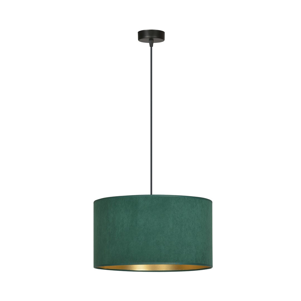 Hanglamp met ronde groene stoffen kap, gouden binnenkant en dun zwart snoer met zwarte luifel
