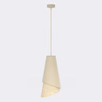 Hanglamp met conische stoffen kap in crème en een rotan onderzijde, aan een dunne stang met ronde plafondplaat