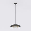 Zwarte hanglamp met schijfvormige kap, mokkakleurige binnenzijde en witte bol, hangend aan een dun snoer