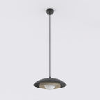 Zwarte hanglamp met schijfvormige kap, mokkakleurige binnenzijde en witte bol, hangend aan een dun snoer