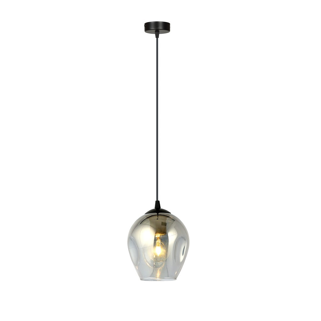 Hanglamp met grafietkleurige glazen kap en zwarte plafondplaat aan een dun zwart snoer, met lichtgevende lamp