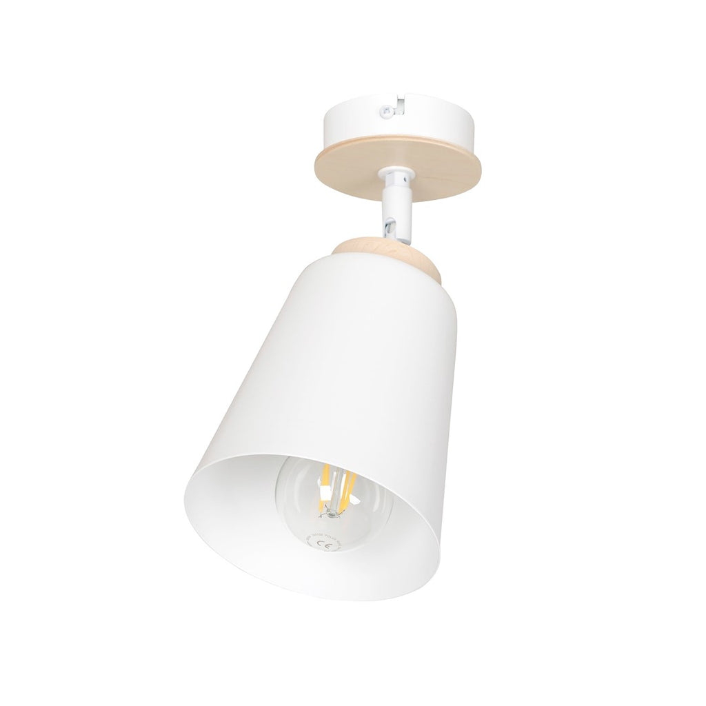Witte plafondspot met kegelvormige kap, houten accenten en zichtbare led-filamentlamp