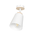 Witte plafondspot met kegelvormige kap, houten accenten en zichtbare led-filamentlamp