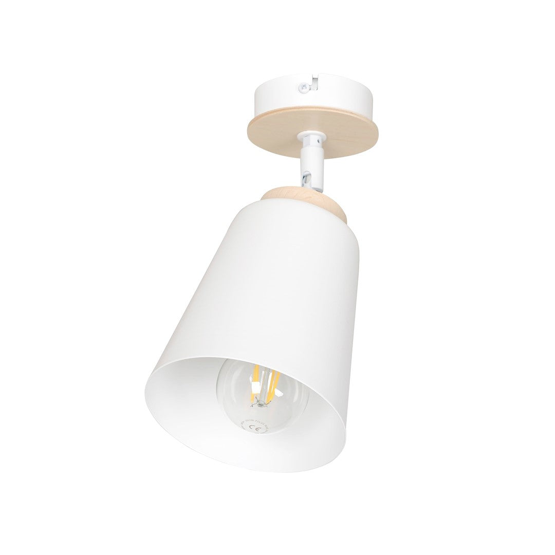 Witte plafondspot met kegelvormige kap, houten accenten en zichtbare led-filamentlamp