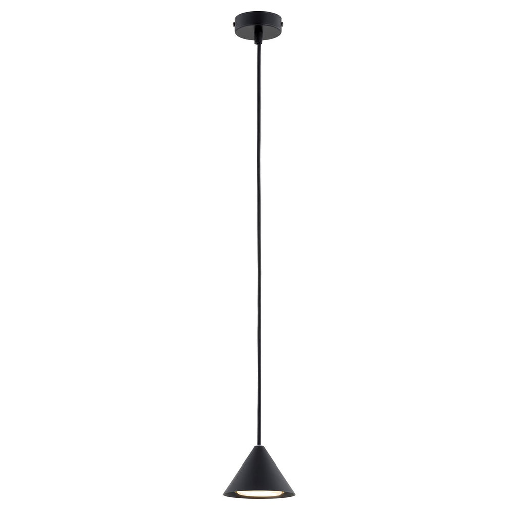 Zwarte kegelvormige hanglamp aan een dun zwart snoer met zwart plafondkapje