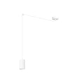 Witte hanglamp met lange arm aan een ronde plafondplaat en een cilindervormige spot aan een dun snoer