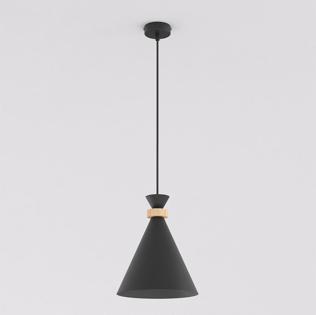 Zwarte koepelvormige hanglamp met houten ring, dunne stang en ronde plafondplaat