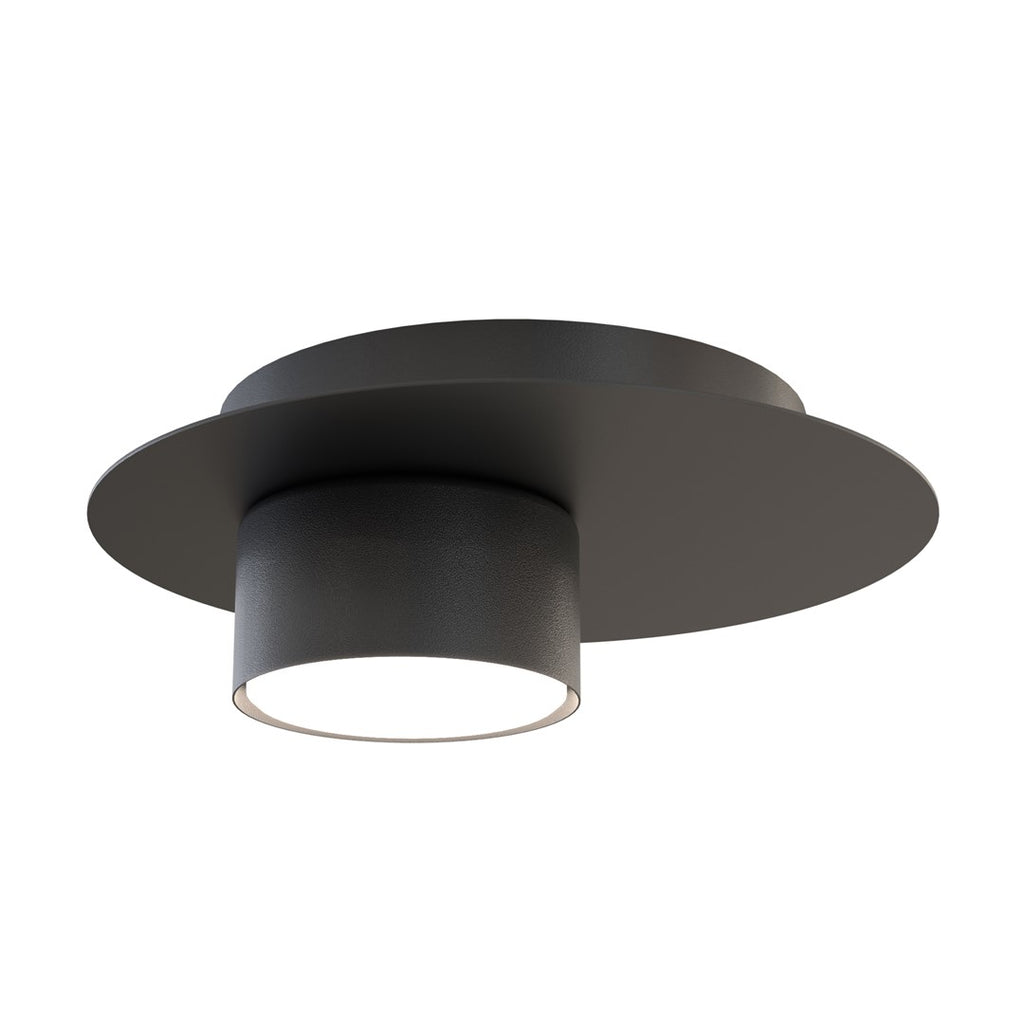 Zwarte ronde plafondlamp van staal met een cilindrische lichtbron onder een platte ronde plaat