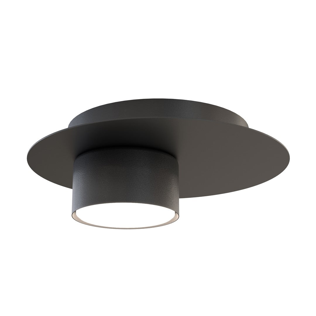 Zwarte ronde plafondlamp van staal met een cilindrische lichtbron onder een platte ronde plaat