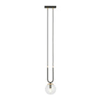 Zwarte hanglamp met U-vormige ophanging, gouden details en transparante glazen bol