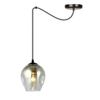 Zwarte hanglamp met lang snoer en grafietkleurige glazen kap met brandende lamp