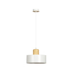 Witte hanglamp met ronde stalen kap en houten accent aan een wit snoer en witte plafondplaat
