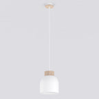Witte koepelvormige hanglamp met houten bovenstuk en wit snoer, hangend aan een plafond