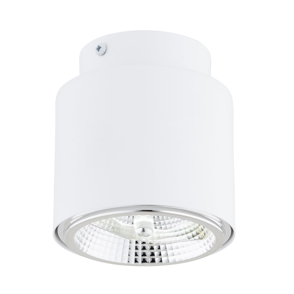 Witte cilindrische plafondlamp met glanzende rand en ribbelreflector rond de lichtbron