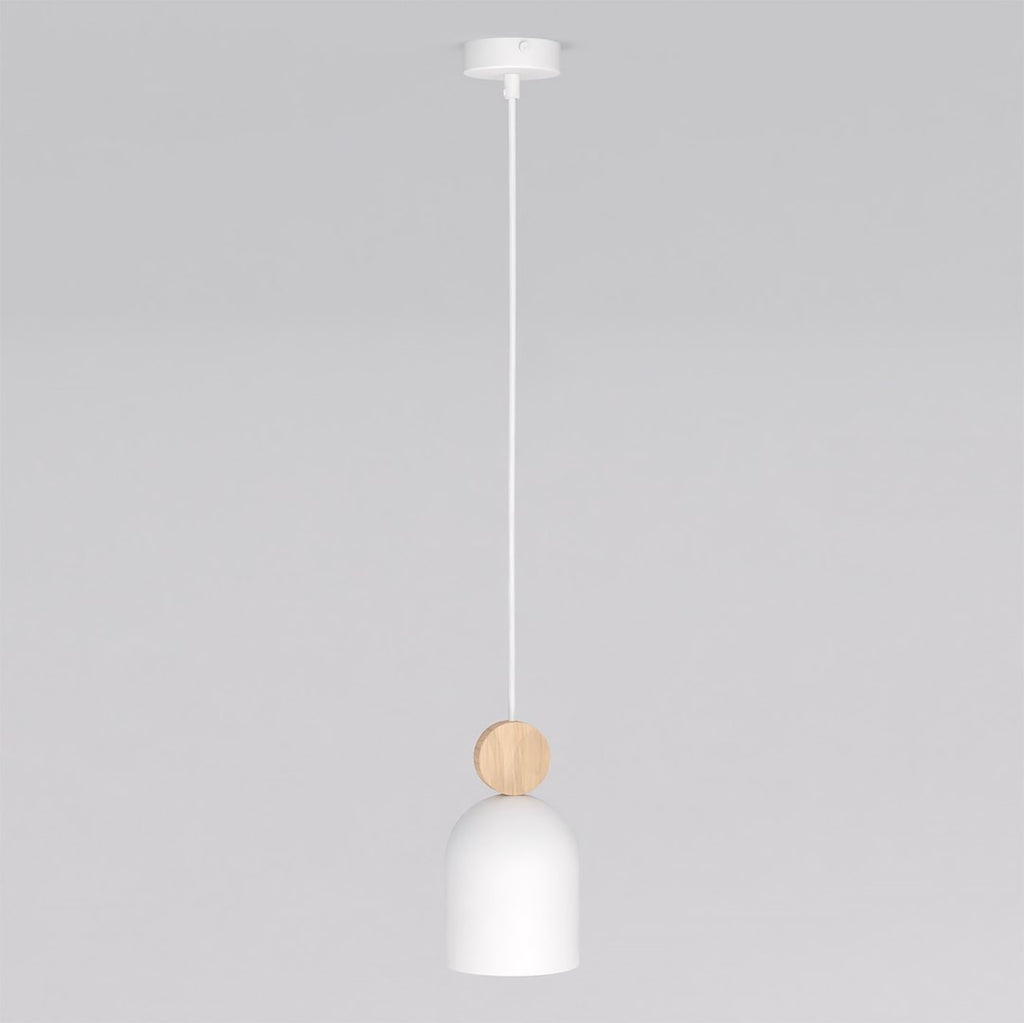 Witte hanglamp met capsulevormige kap en rond houten accent aan een wit snoer en plafondplaat