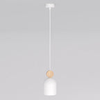 Witte hanglamp met capsulevormige kap en rond houten accent aan een wit snoer en plafondplaat