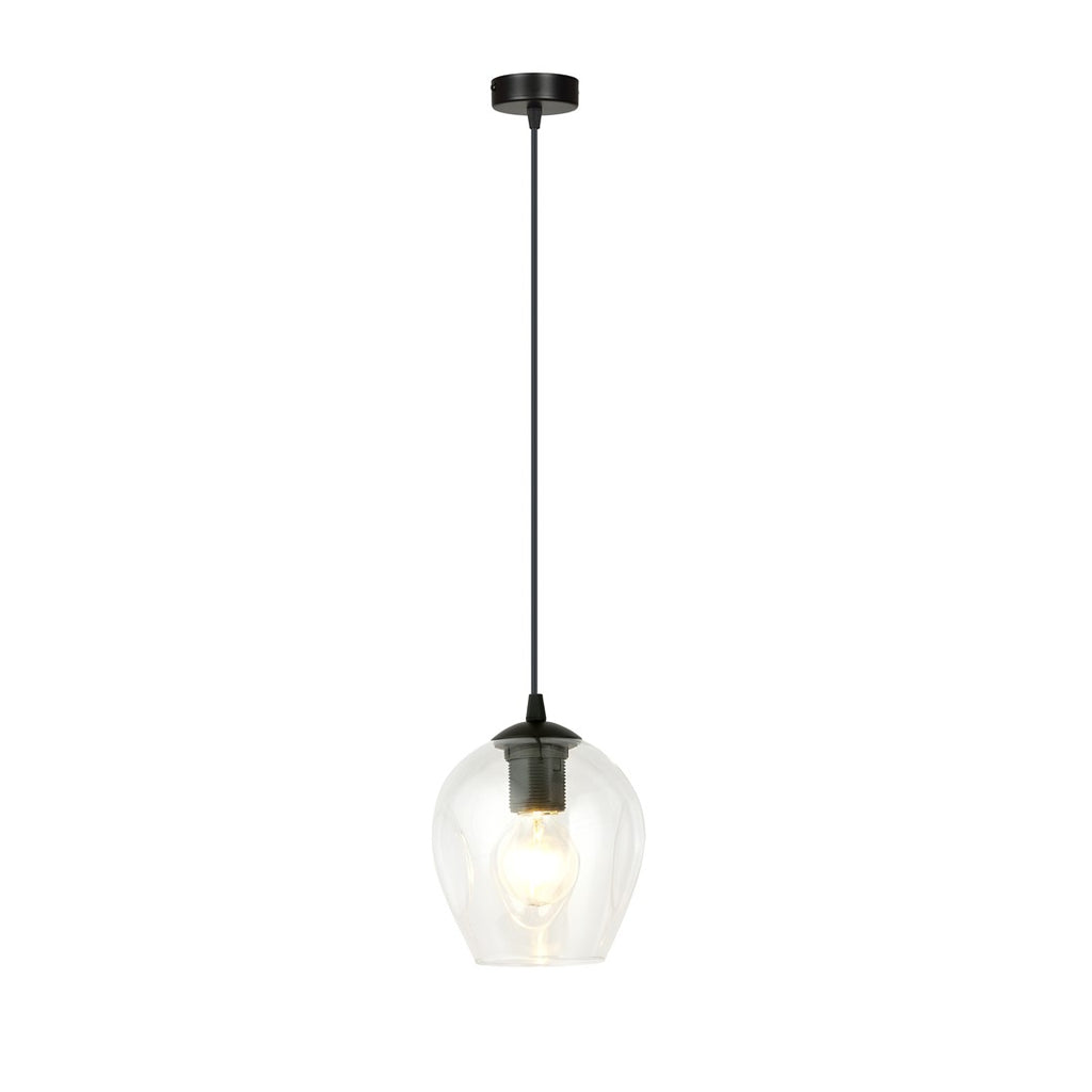 Zwarte hanglamp met transparante glazen kap en brandende lichtbron aan een dun zwart snoer