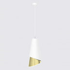 Witte conische hanglamp met geperforeerde goudkleurige onderrand aan een wit snoer en witte plafondplaat