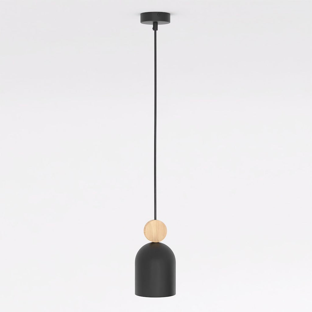 Zwarte capsulevormige hanglamp met rond houten accent aan een dunne zwarte pendel tegen een lichte achtergrond