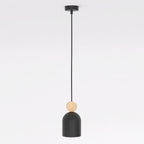 Zwarte capsulevormige hanglamp met rond houten accent aan een dunne zwarte pendel tegen een lichte achtergrond