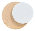 Wandlamp met witte ronde schijf voor een grotere ronde houten plaat van multiplex