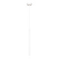 Witte hanglamp met dun snoer, ronde canopy en lange slanke metalen buis