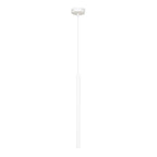 Witte hanglamp met dun snoer, ronde canopy en lange slanke metalen buis