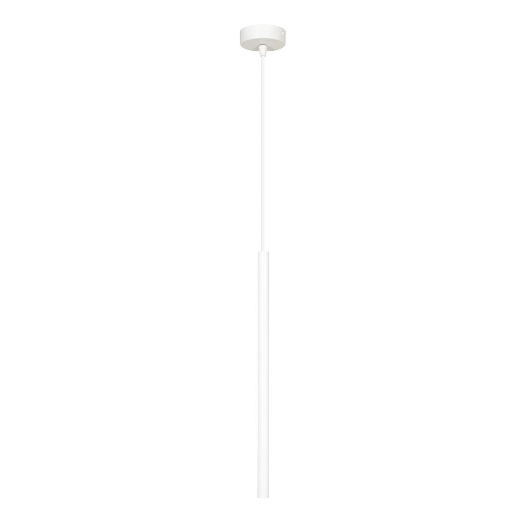 Witte hanglamp met dun snoer, ronde canopy en lange slanke metalen buis