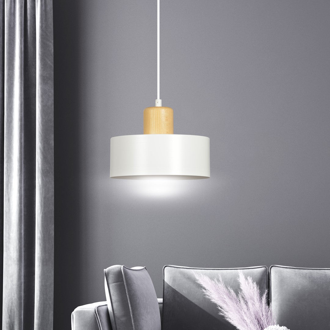 Hanglamp gepoedercoat staal en hout Torin, Scandinavisch, wit, Ø 25 cm, voor woonkamer, keuken of kantoor