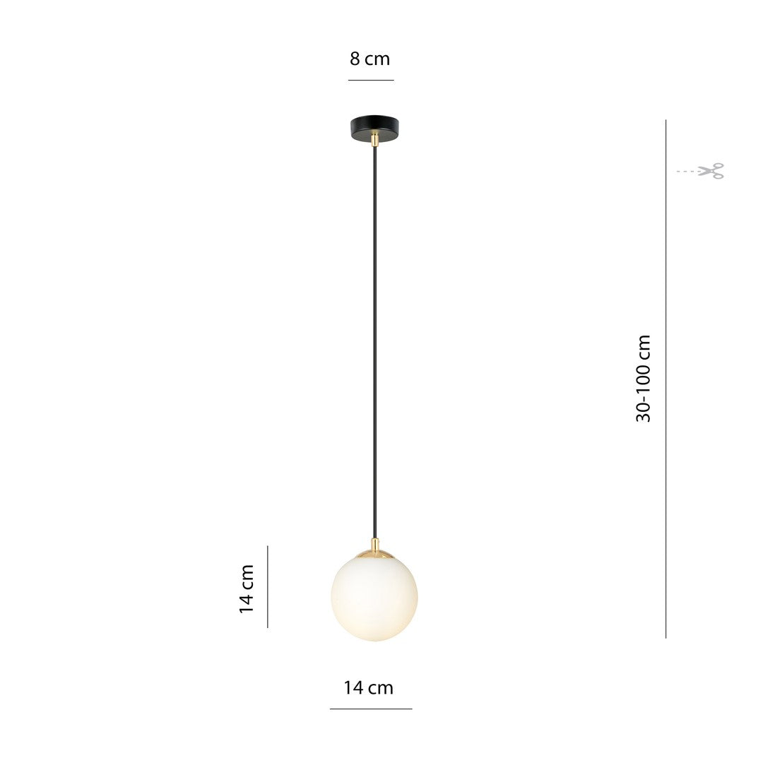 Hanglamp gepoedercoat staal en glas, retro, zwart met goud, witte kap Ø 14 cm, hoogteverstelbaar, E14