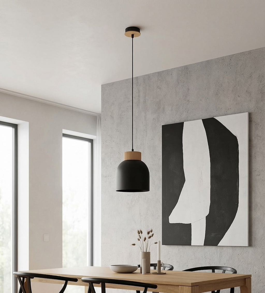 Hanglamp gepoedercoat staal en hout Vigo, Scandinavisch, zwart – 18 x 18 cm, boven eettafel of kookeiland