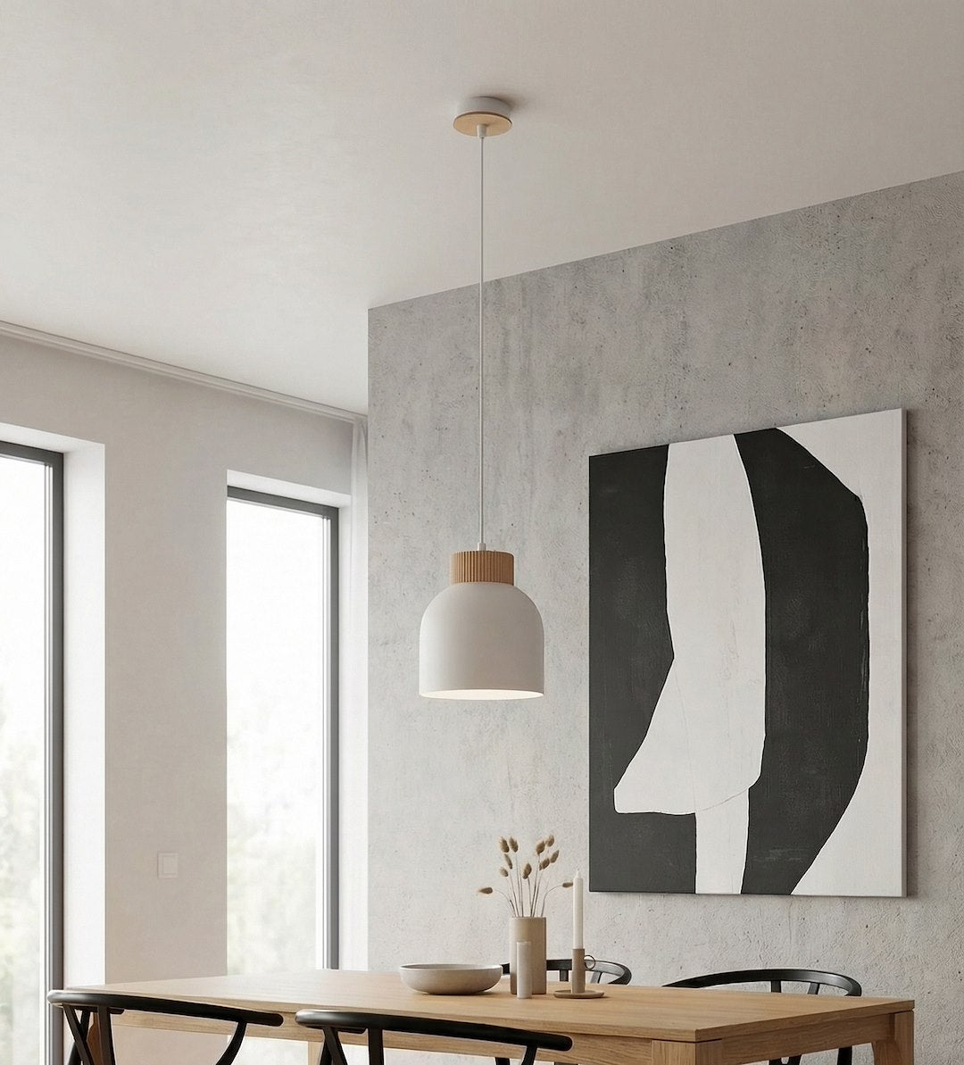 Hanglamp gepoedercoat staal Scandinavisch Vigo wit met houten accent, Ø 18 cm – eettafel en kookeiland