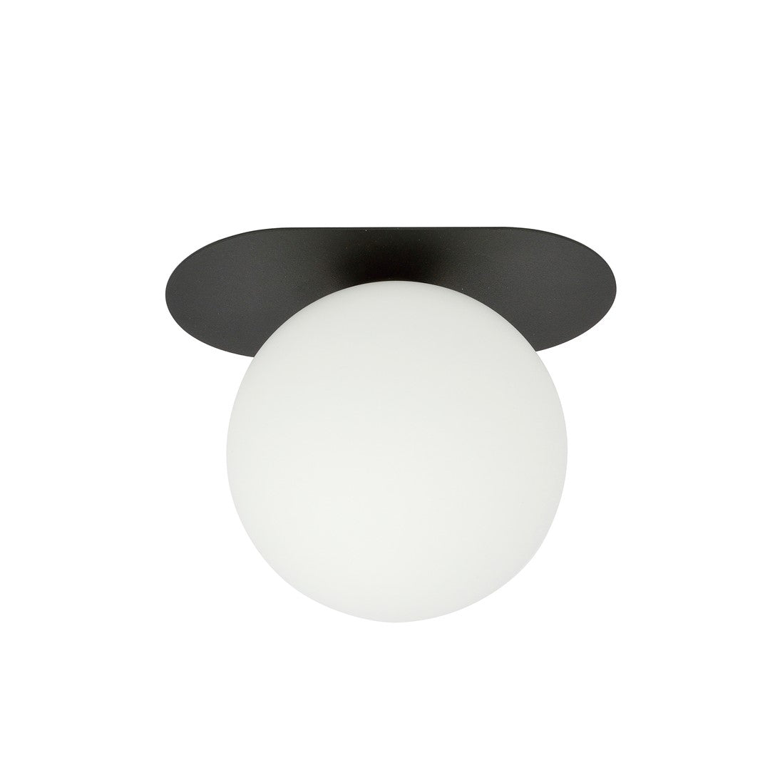 Plafondlamp Plaza gepoedercoat staal en glas, modern, zwart met witte glazen kap Ø 15 cm