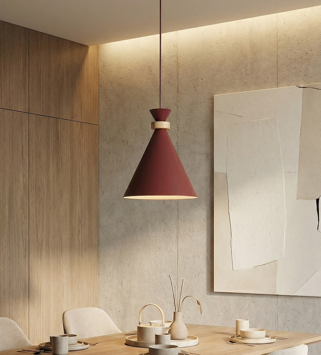 Hanglamp gepoedercoat staal met hout Scandinavisch Zero bordeaux Ø 23 cm, 1 fitting E27 voor eettafel of kookeiland