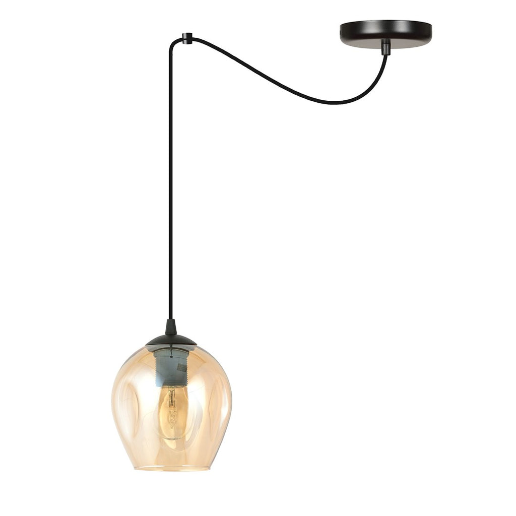 Hanglamp spin-stijl gepoedercoat staal en glas, modern, amber kap Ø 14 cm, zwart, 1 lichtpunt E27
