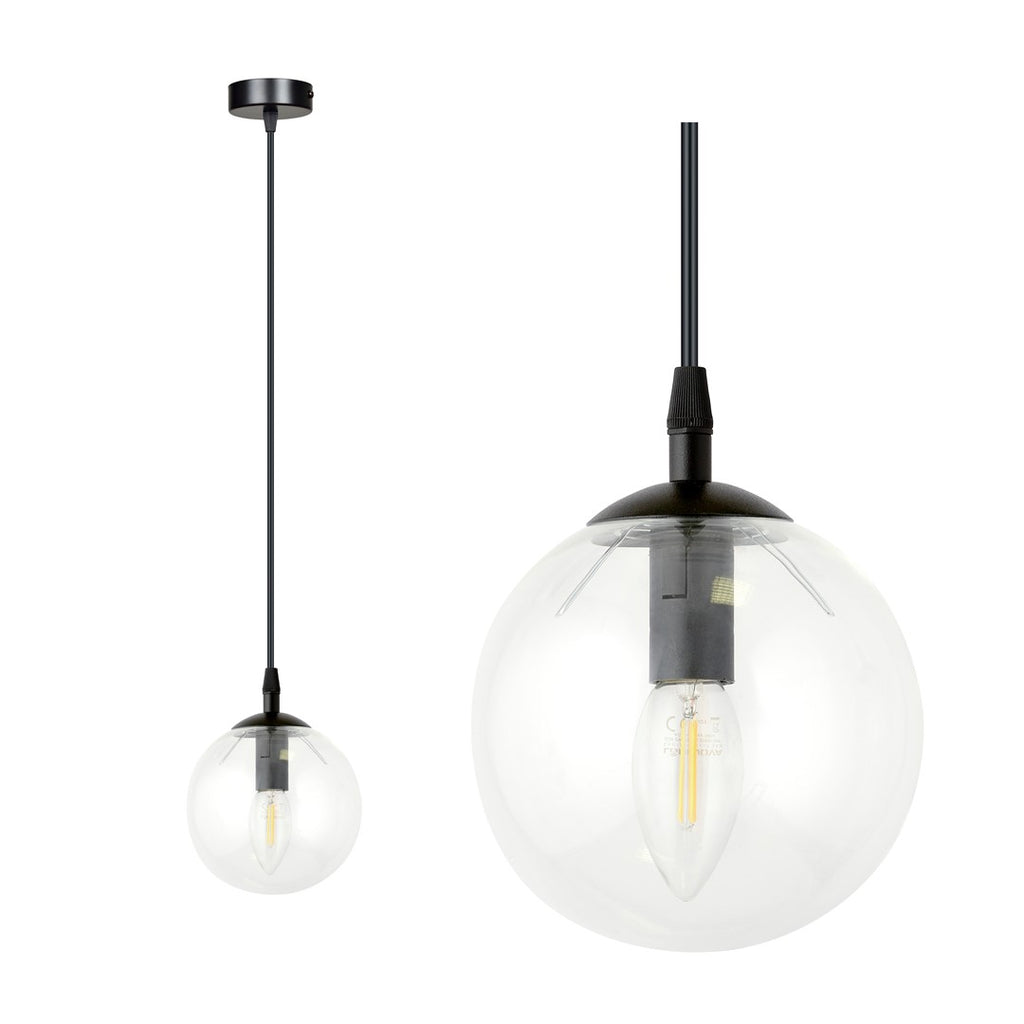 Hanglamp gepoedercoat staal en glas Cosmo, zwart met transparante glazen kap Ø 14 cm, verstelbaar