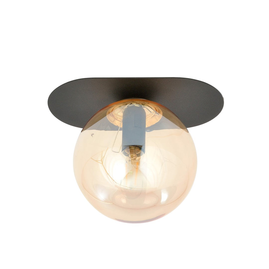 Plafondlamp Plaza gepoedercoat staal en glas, modern, zwart met amberkleurig glas Ø 14 cm, 1 x E14