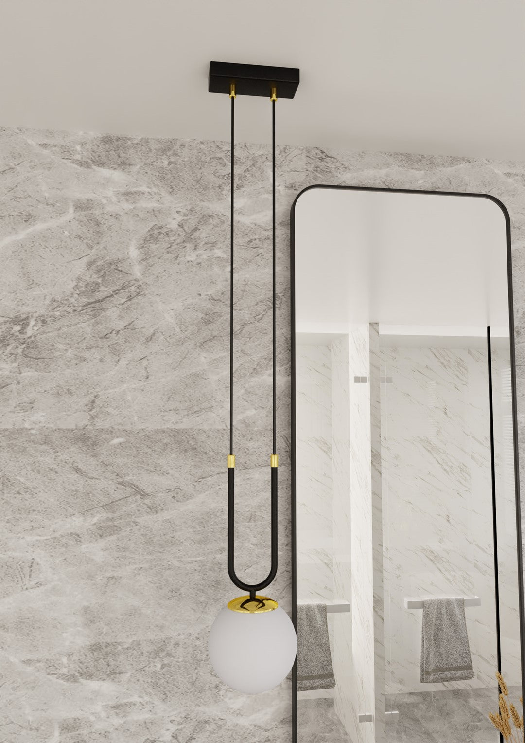 Hanglamp Glam gepoedercoat staal en glas, retro, zwart met witte glazen kap Ø 15 cm, woonkamer, eetkamer en hal