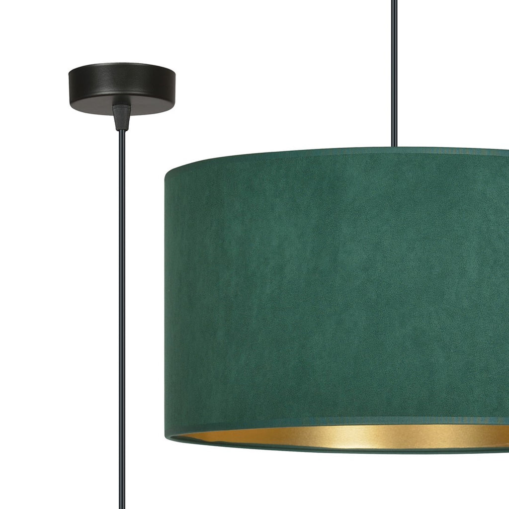 Hanglamp stof en gepoedercoat staal Hilde, groen met gouden binnenkant, Ø 35 cm, 1 lichtpunt, eettafel en woonkamer
