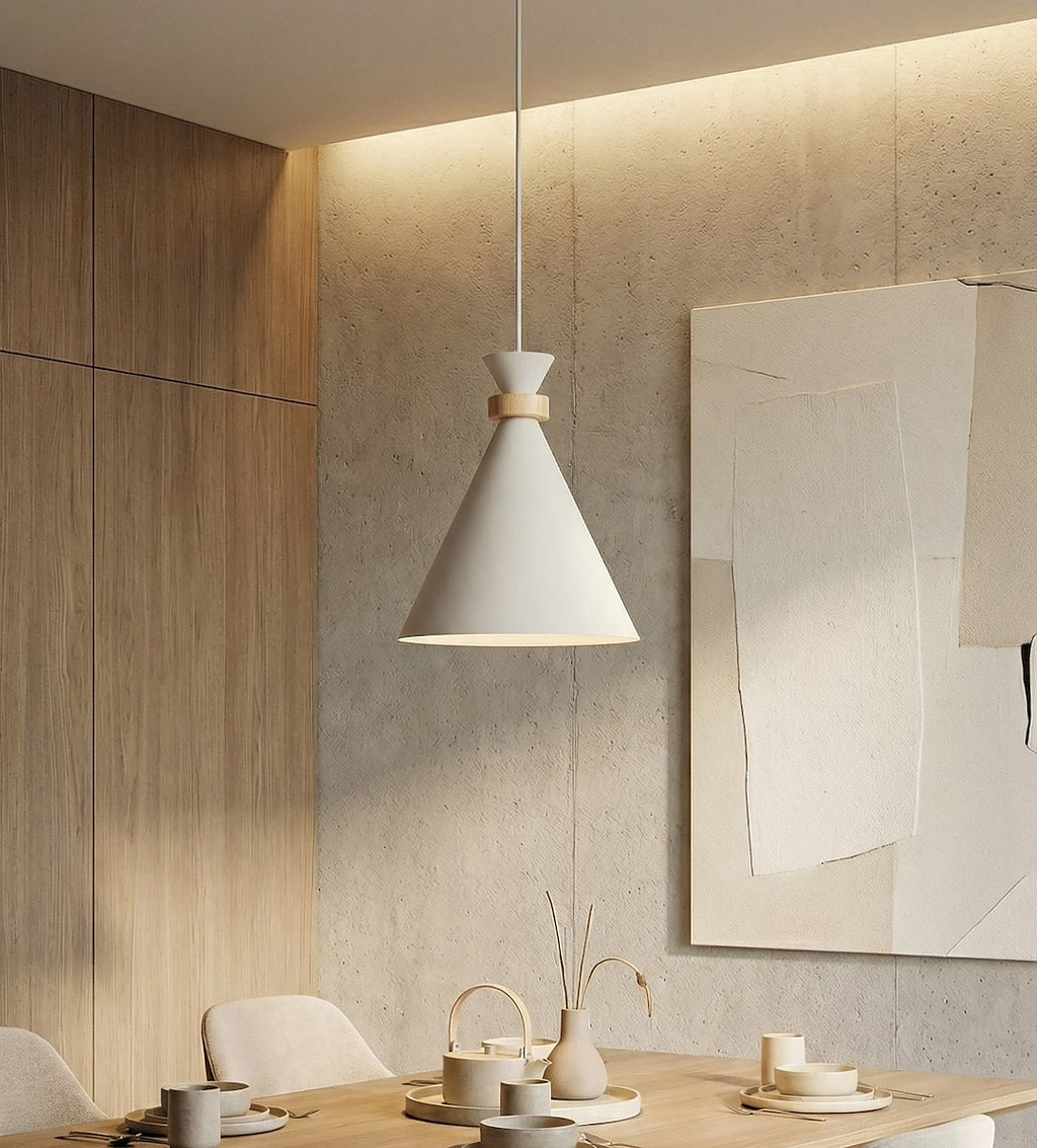 Hanglamp gepoedercoat staal en hout Zero Scandinavisch wit 23 x 23 cm, E27, voor eettafel of kookeiland